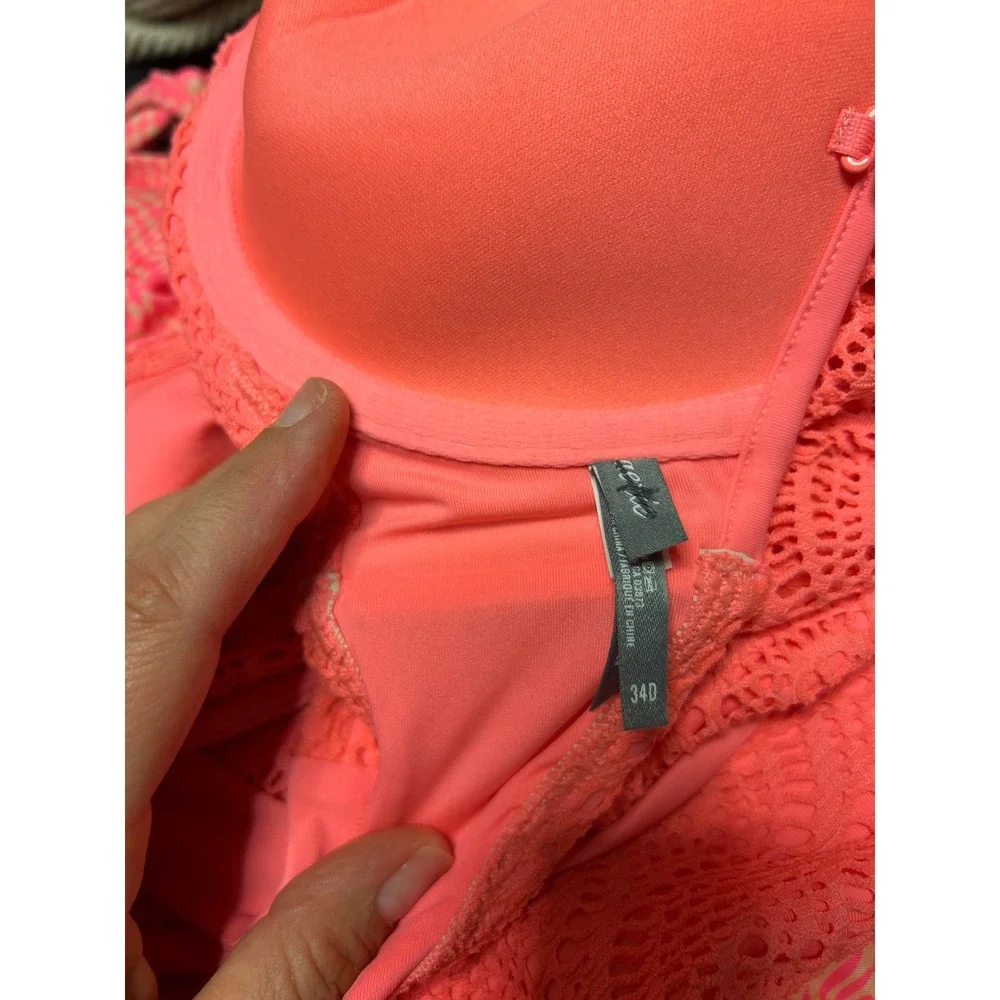 Aerie Womens Crochet Ruffle Bikini Set‎ 34D M Neon Pink Lace Underwire Swimsuit